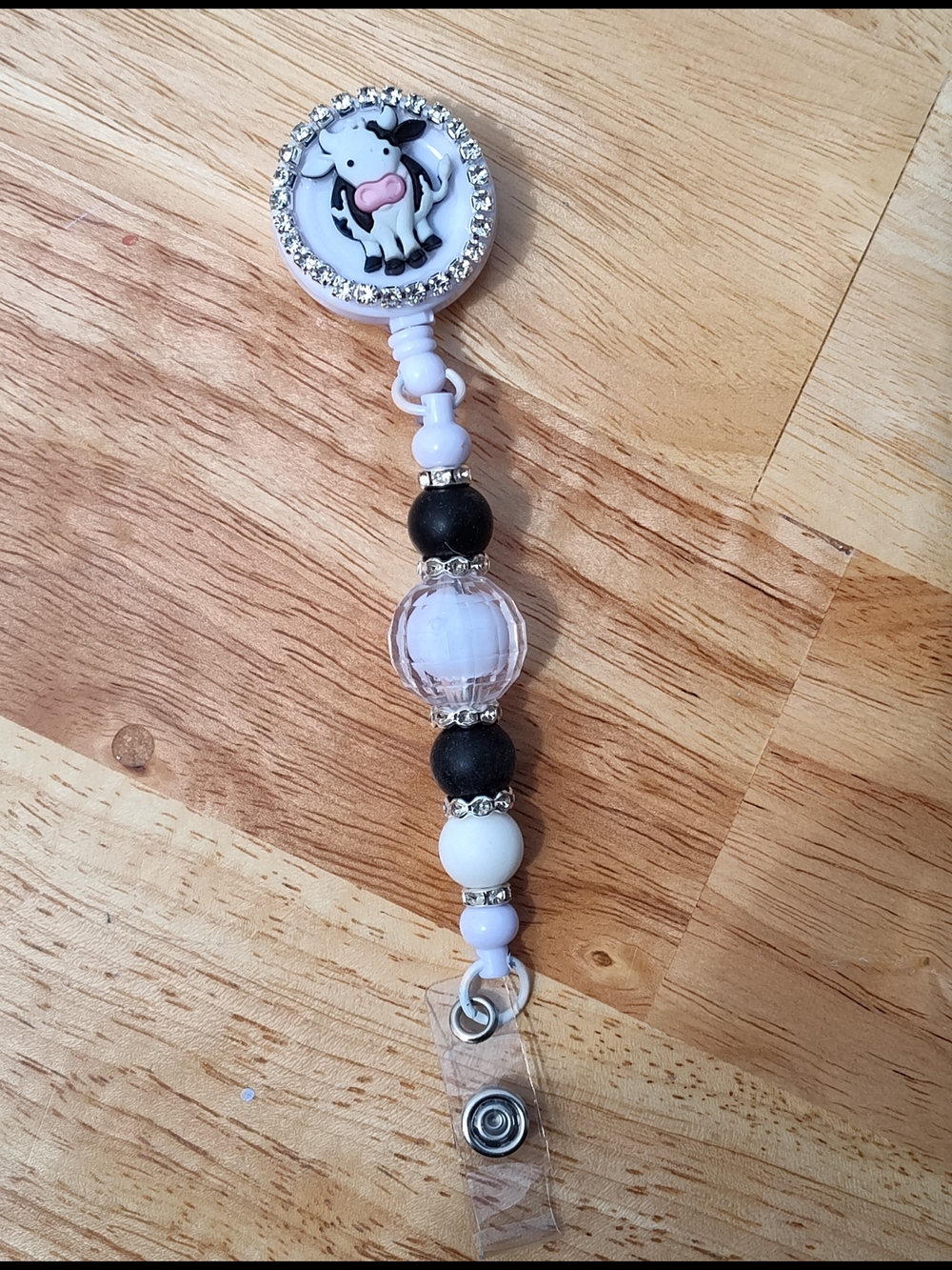 Cute Cow Beaded Rhinestone Badge Reel in White & Black